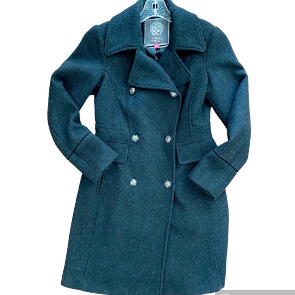 VINCE CAMUTO WOOL COAT XS CHARCOAL GRAY GREY PEA BUTTON DOWN PREPPY CHIC CLASSIC